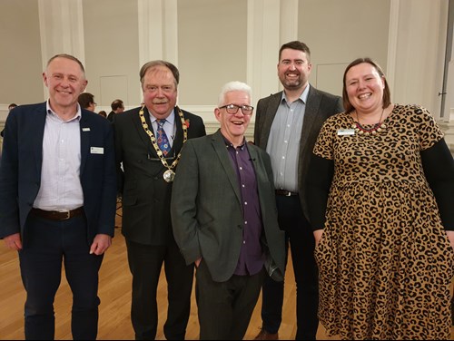 Trevor Mitchell, Cllr Myers, Ian McMillan, David Renwick and Danielle Daglan at Skipton Town Hall